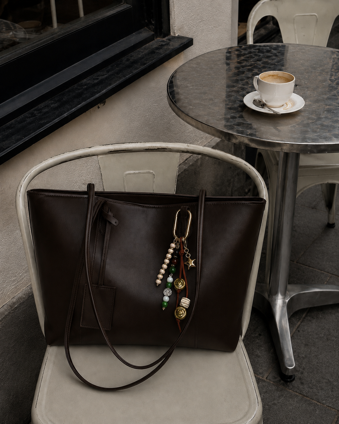 Folie à Trois Bahia BAG CHARM, a multicolor beaded tassel with a gold star charm, clipped to a brown leather tote on a cafe chair.