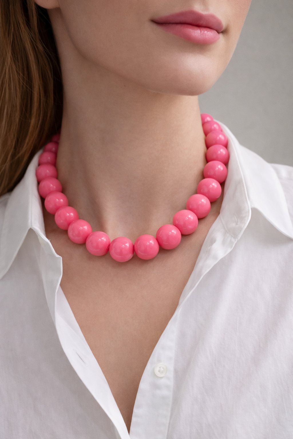 The Blaire NECKLACE in pink worn at the neckline, large glossy round beads layered over a white button-up shirt.