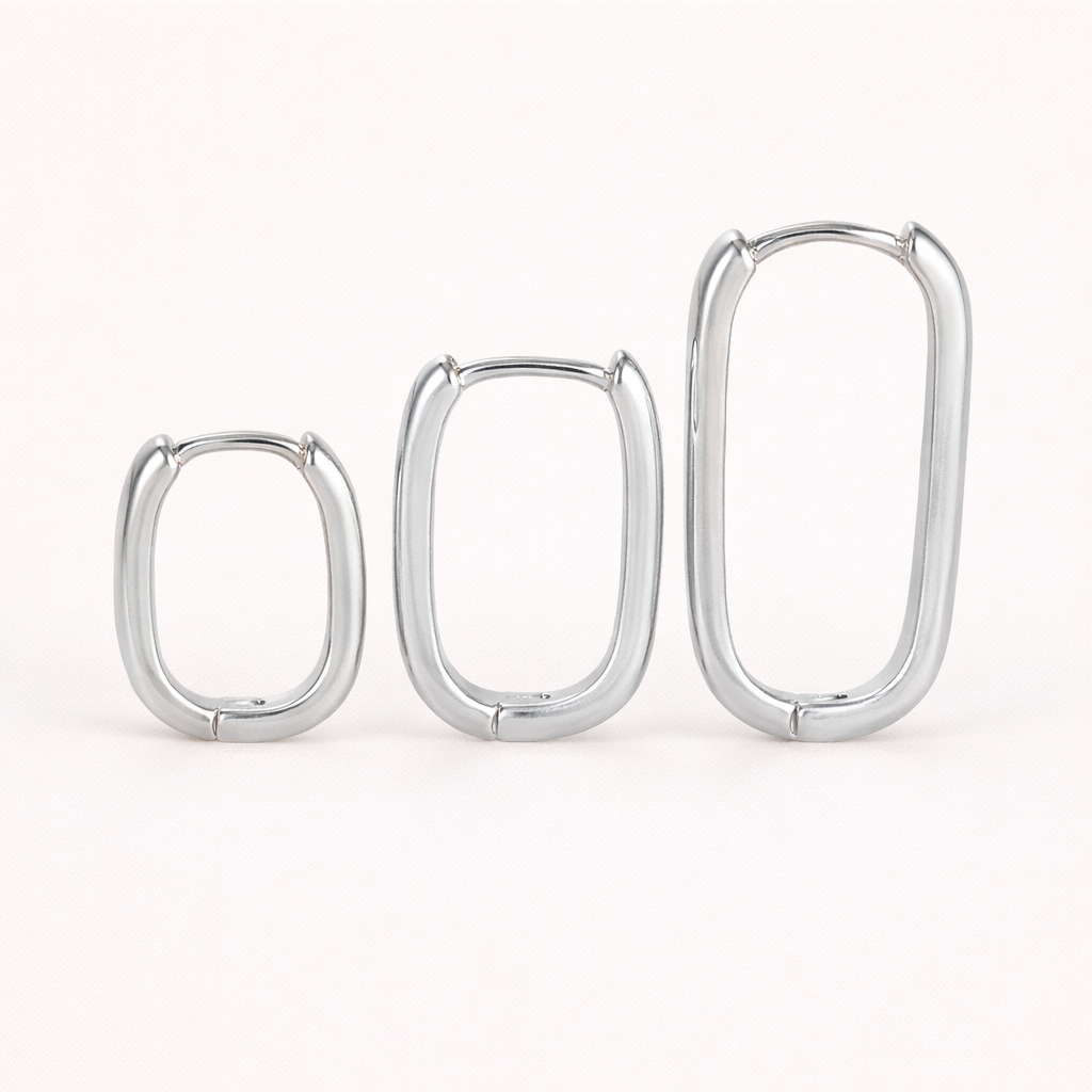 Bruna Set in silver tone, rectangular oval hoops in three graduated sizes, shown standing side by side.
