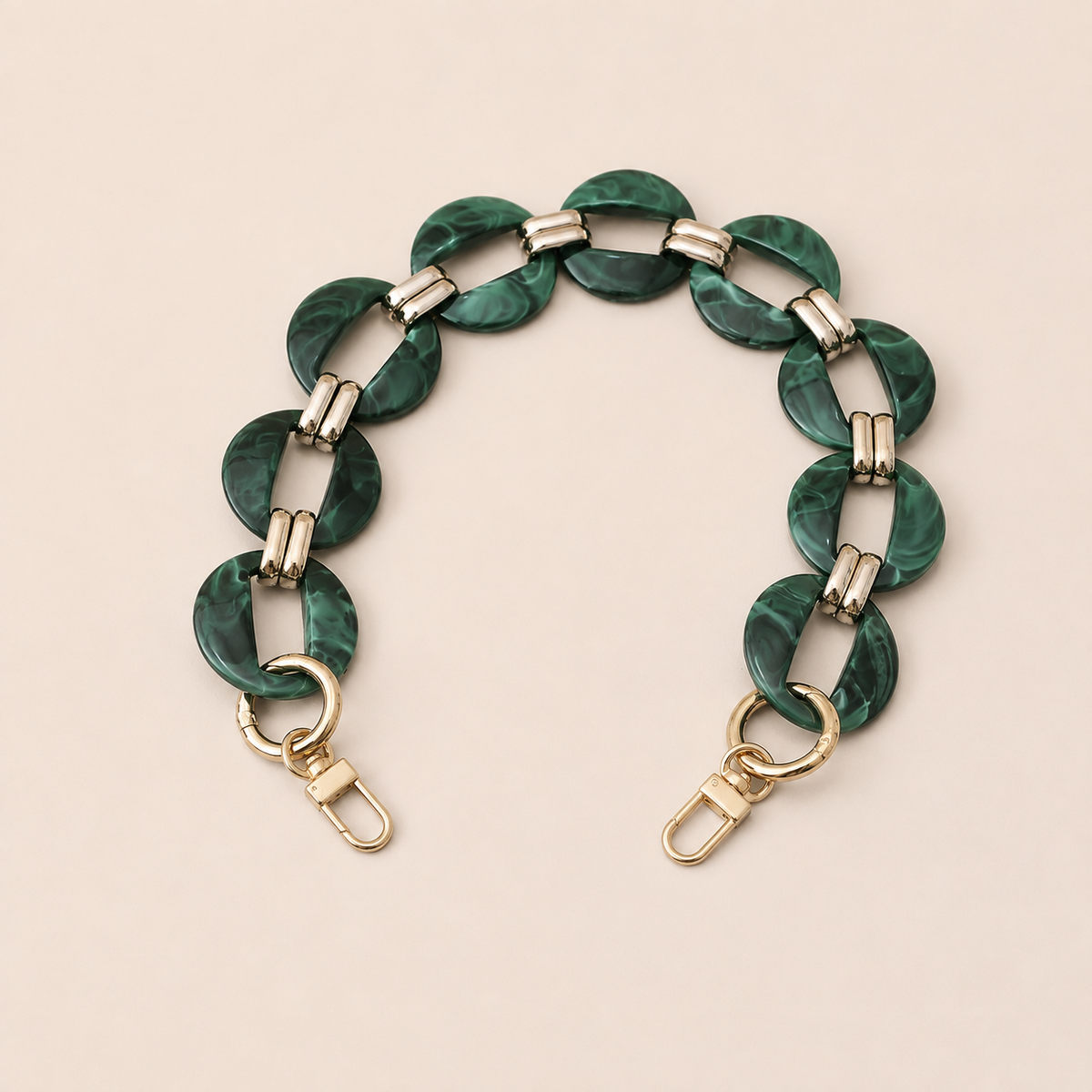 Round malachite green resin link phone chain with gold connectors on cream — Folie à Trois Cedar wholesale phone chain