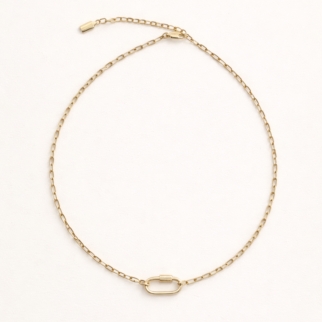 The Chain link Charm NECKLACE in a flat lay, a gold paperclip-link chain with an oval carabiner-style clasp at the front.