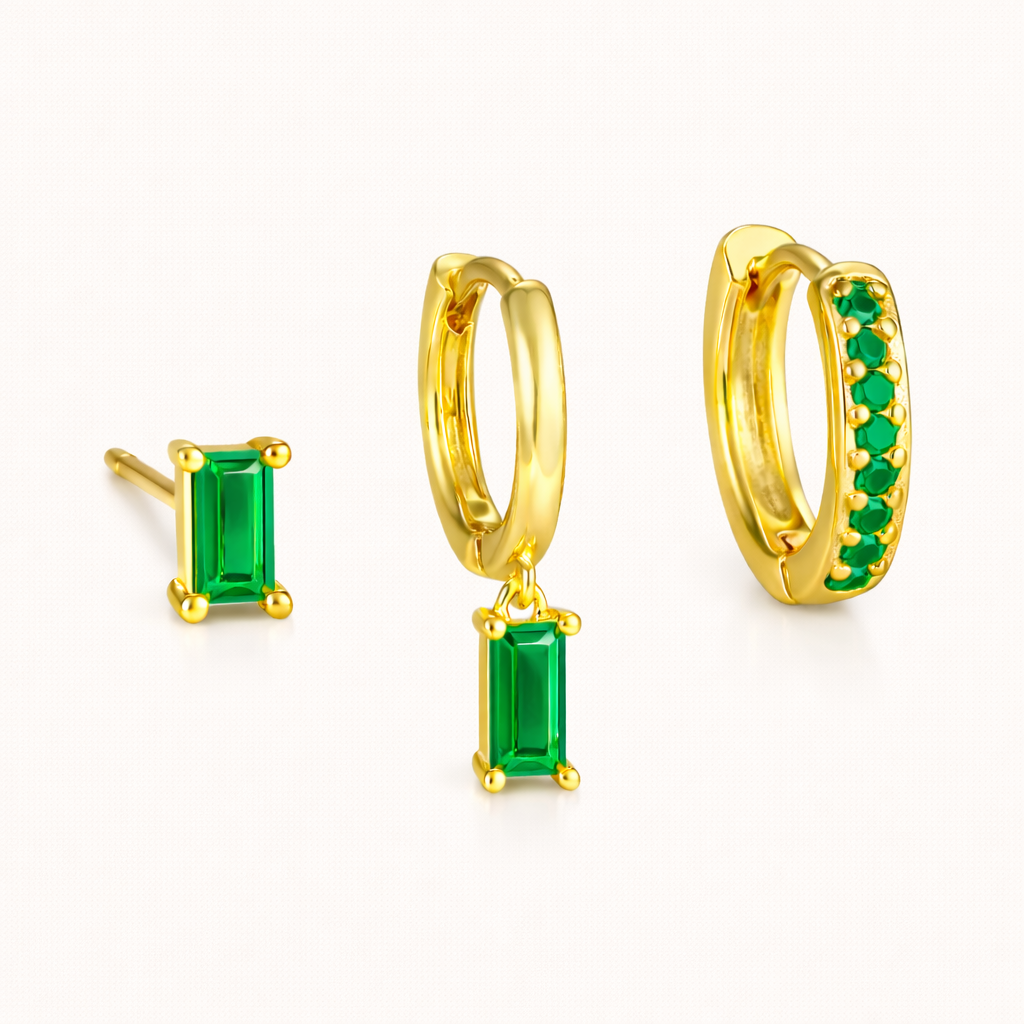 The Classic Drop SET in an emerald green colorway, showing the baguette stud, dangle hoop, and pavé hoop together in studio.