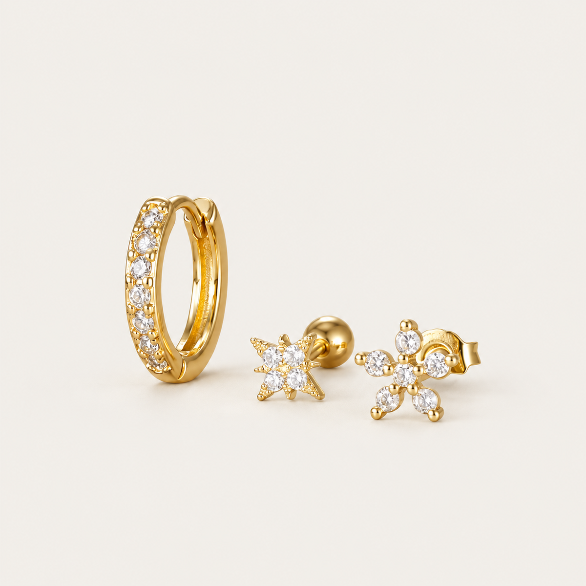 Clio SET Gold/White – pavé huggie hoop, starburst stud and zirconia flower stud