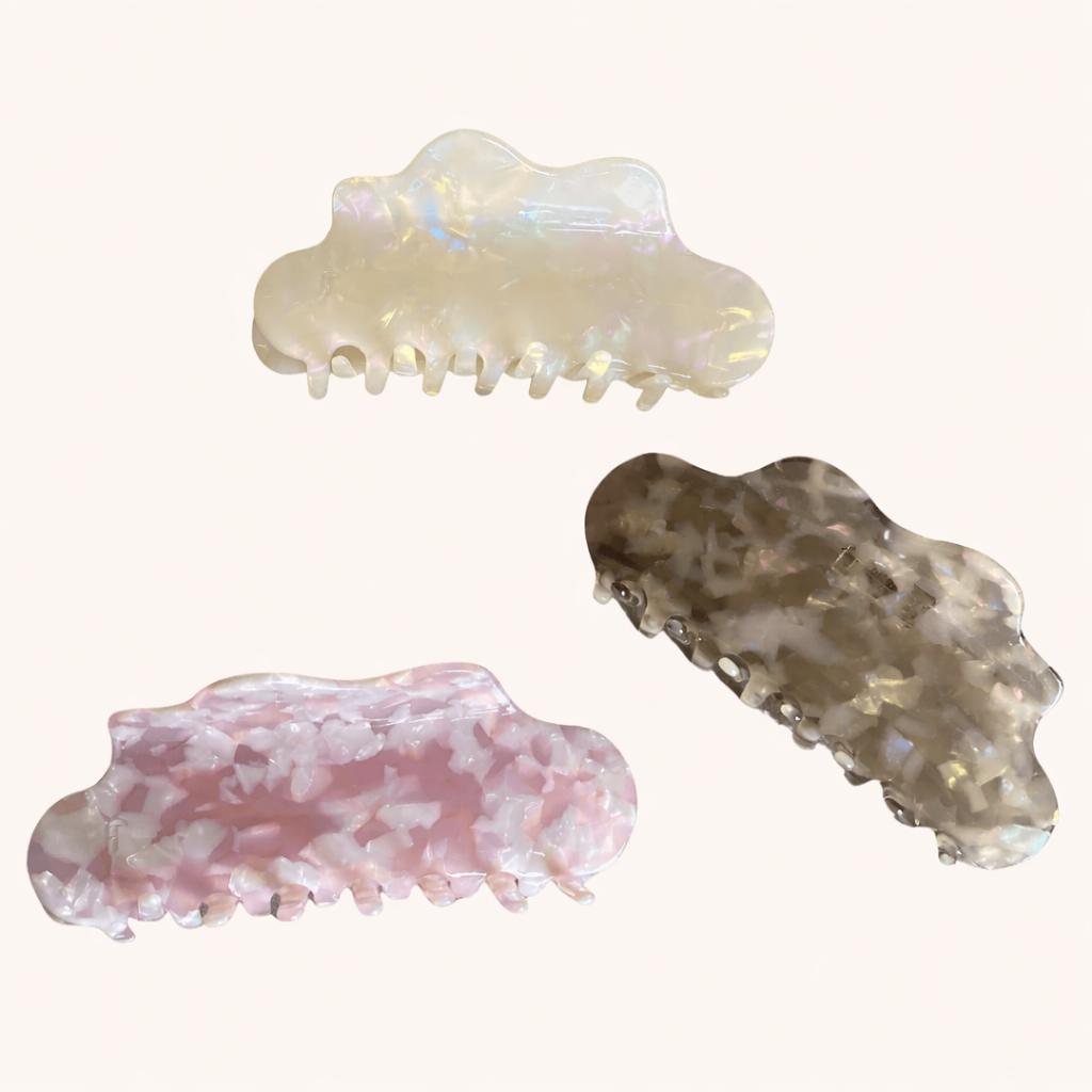 Cloudy Day HAIR CLIP's cream, pink and grey cloud clips arranged on a cream studio background.