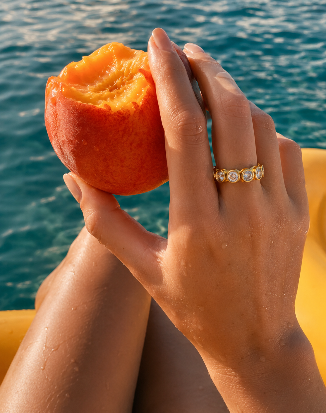 Model wears the gold Club Soleil RING's bezel-set eternity band while holding a bitten peach over turquoise water.