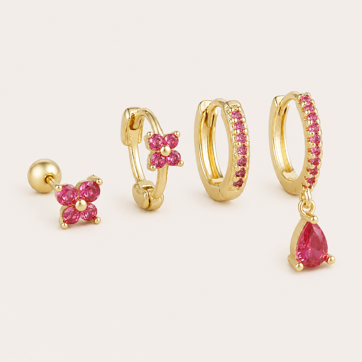 Deanna Set – Gold Ruby Rose 4-Piece Earring Set, by Folie à Trois