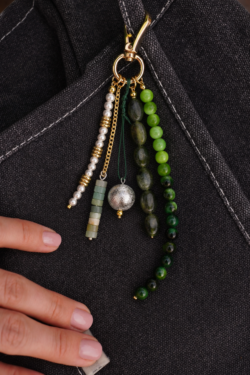 Folie à Trois Delphine BAG CHARM, a beaded tassel with pearl, green stone, and hammered gold-tone bead strands, clipped to a denim jacket.