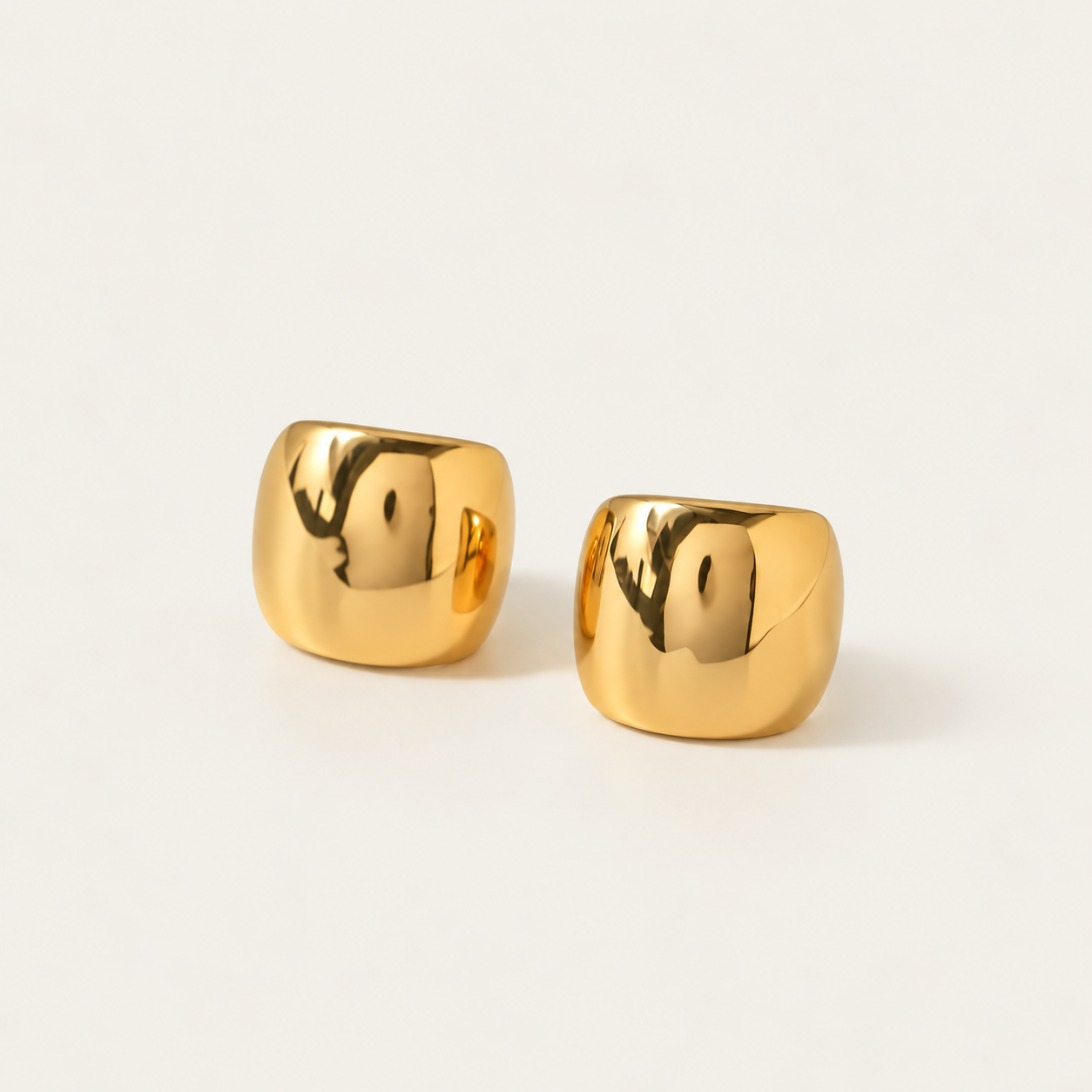Gold Dôme EAR CUFF: a pair of chunky, high-shine domed cuffs with a rounded square shape — Folie à Trois