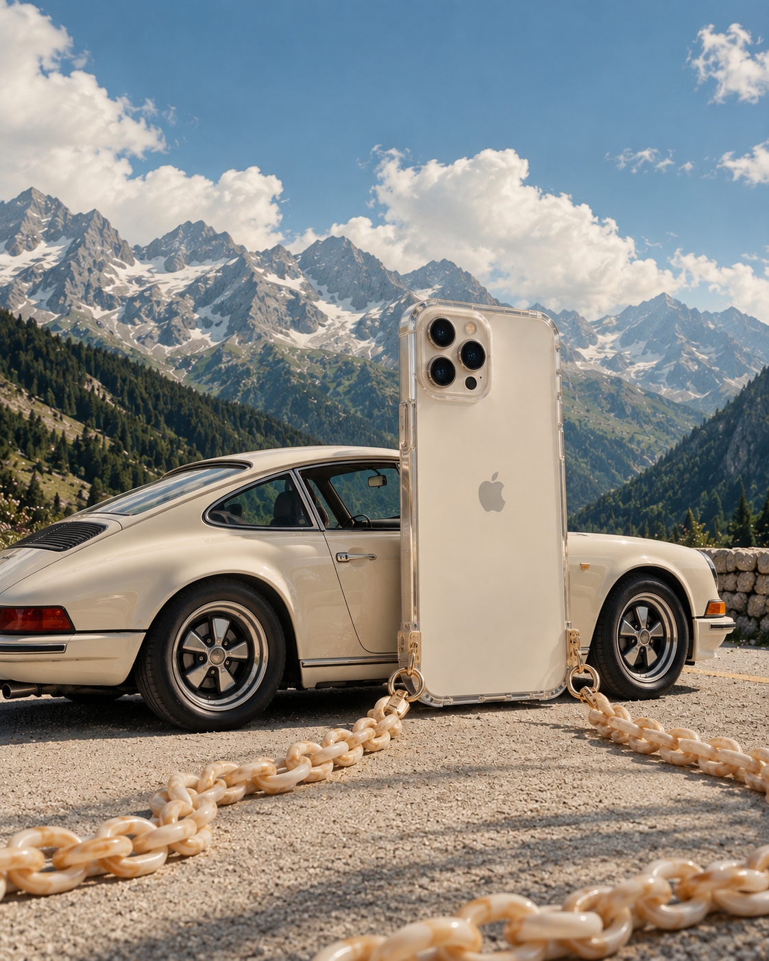 Oversized phone with the cream marbled Ember LONG PHONE CHAIN draped on the road beside a vintage car and snowy Alpine peaks.