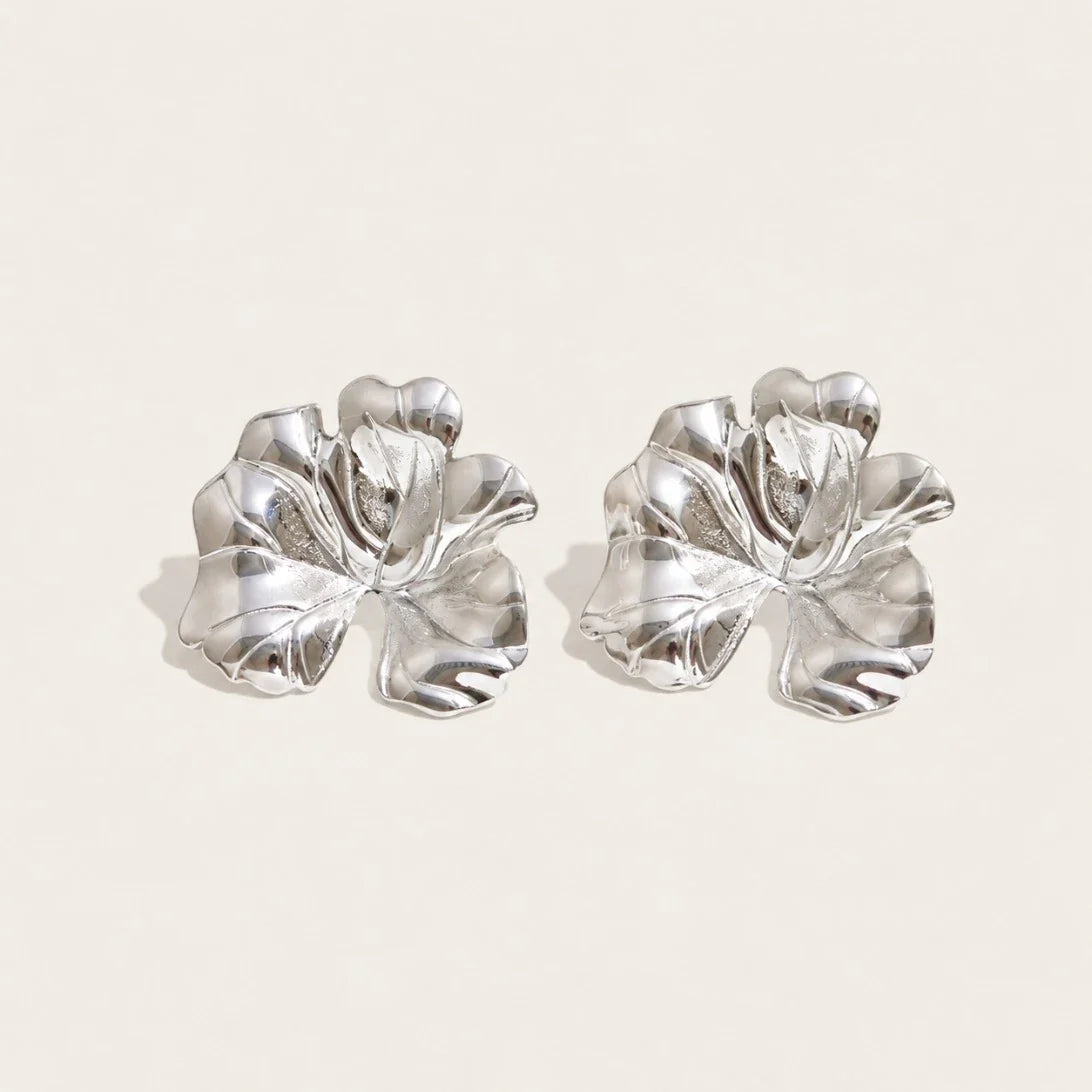 Silver-tone Fleurette EARRINGS: a pair of bold flower earrings made of softly textured, clustered petals — Folie à Trois