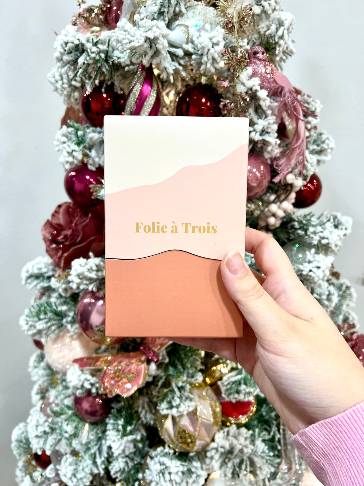 Hand holding a cream and terracotta Folie à Trois Gift Box with gold logo in front of a snowy pink Christmas tree.