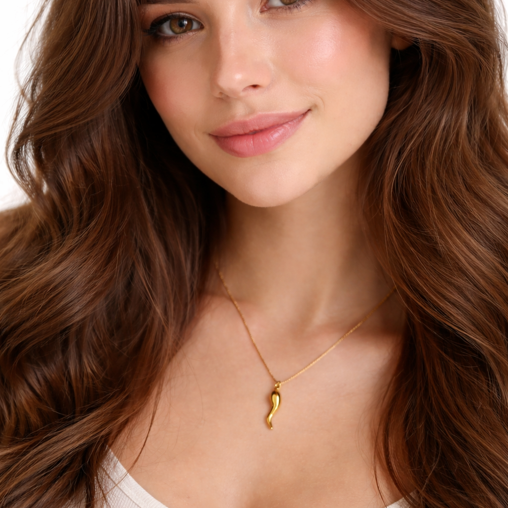 The Gold Chili Pepper CHARM worn close to the collarbone, a curved gold pendant on a delicate gold chain against bare skin.
