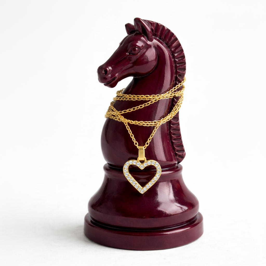The Golden Heart NECKLACE draped on a chess knight display piece, a pave crystal open-heart pendant on a fine gold chain.