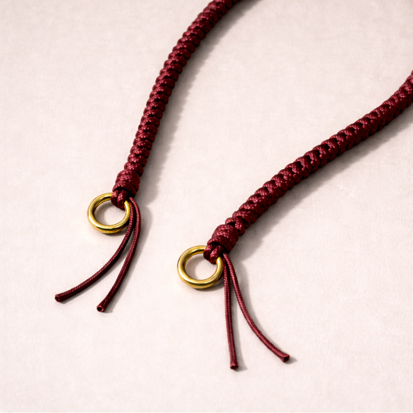 Burgundy braided Layover long phone strap, close-up of the knotted gold ring and fringe end.