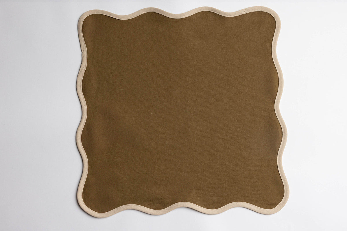 Single olive Lilou Scallop napkin bordered with a cream scalloped trim, photographed flat on a plain background.