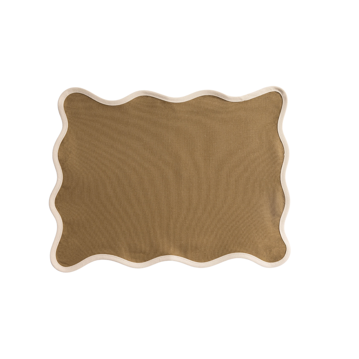 Olive green Lilou Scallop placemat trimmed with a cream scalloped border, photographed flat on a plain white background.
