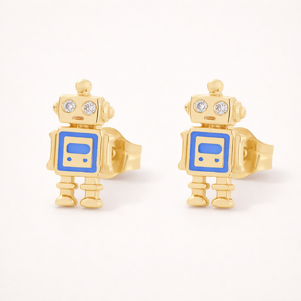 Little Robot Earrings shape a whimsical gold robot with clear stone eyes and a blue enamel screen on its chest.