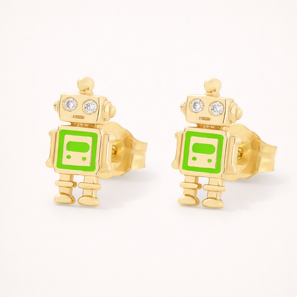 In a bright green colorway, Little Robot Earrings keep their gold robot shape with clear stone eyes intact.