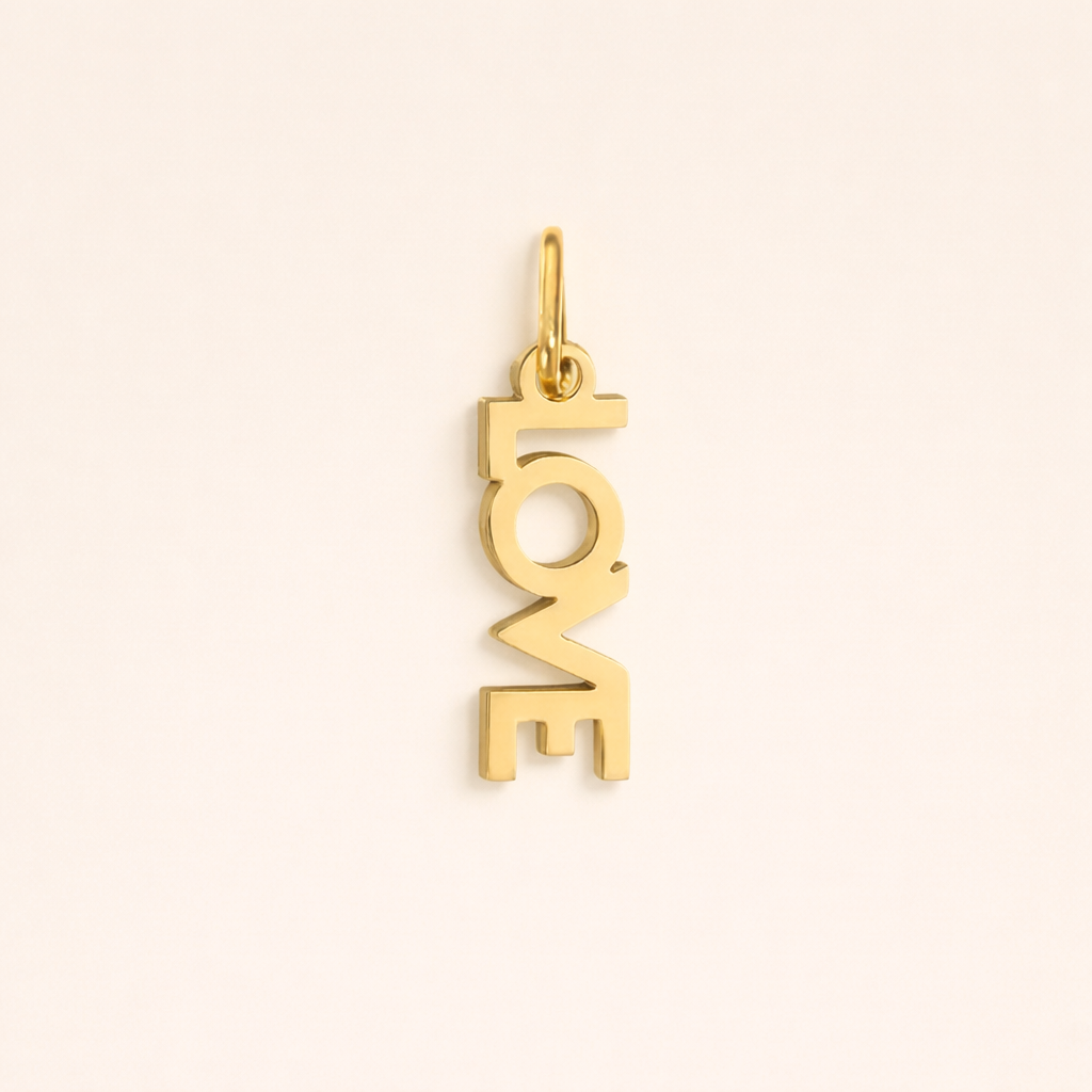 The Love CHARM in polished gold, its vertical LOVE lettering shown alone on a plain studio background.