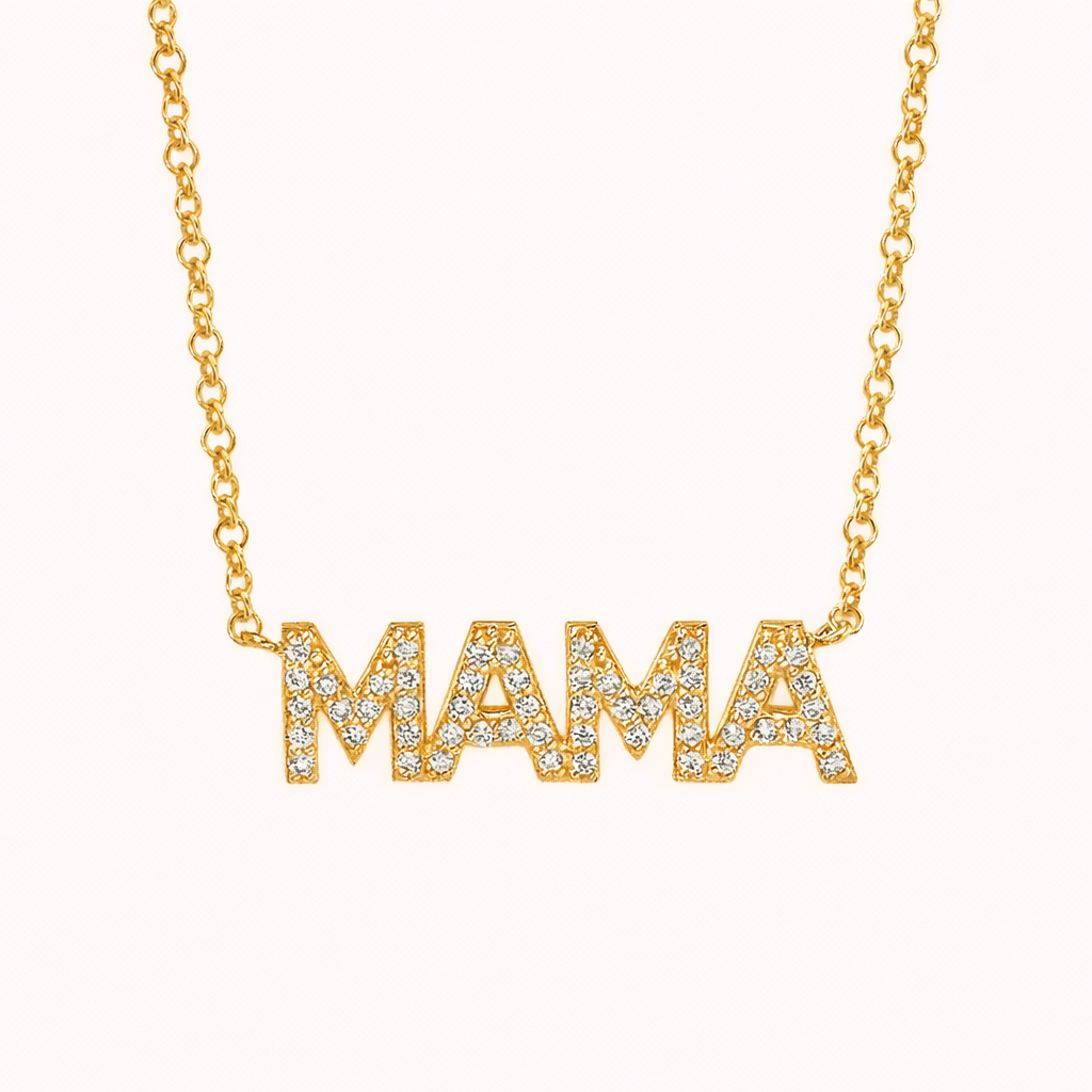 The Mama Zirconia NECKLACE in gold, block letters spelling MAMA fully paved with sparkling stones, on a fine chain.