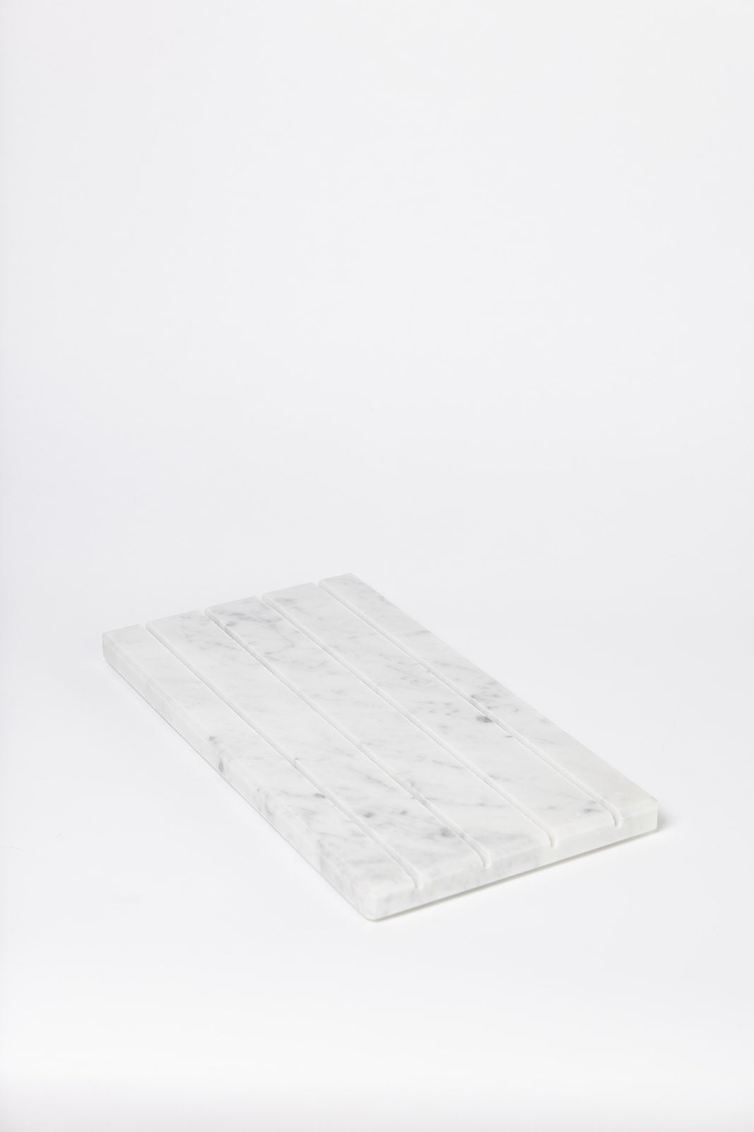 Marble Tray DISPLAY, a flat rectangular slab of white Carrara-style marble with grey veining, on a white background.