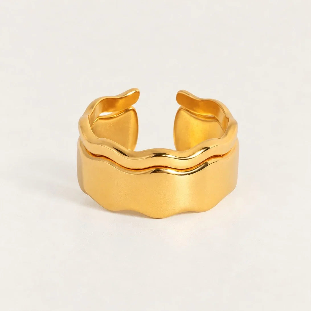 Gold Marée RING: wide, adjustable open band with two wavy, rippled layers — Folie à Trois