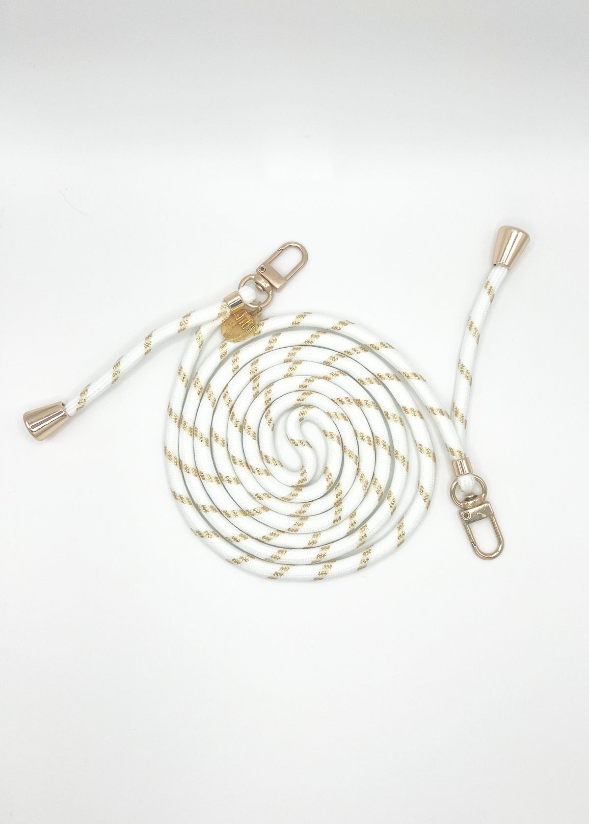 White Multi Colorful PHONE CORD with gold metallic flecks, coiled with silver-tone hardware on white.