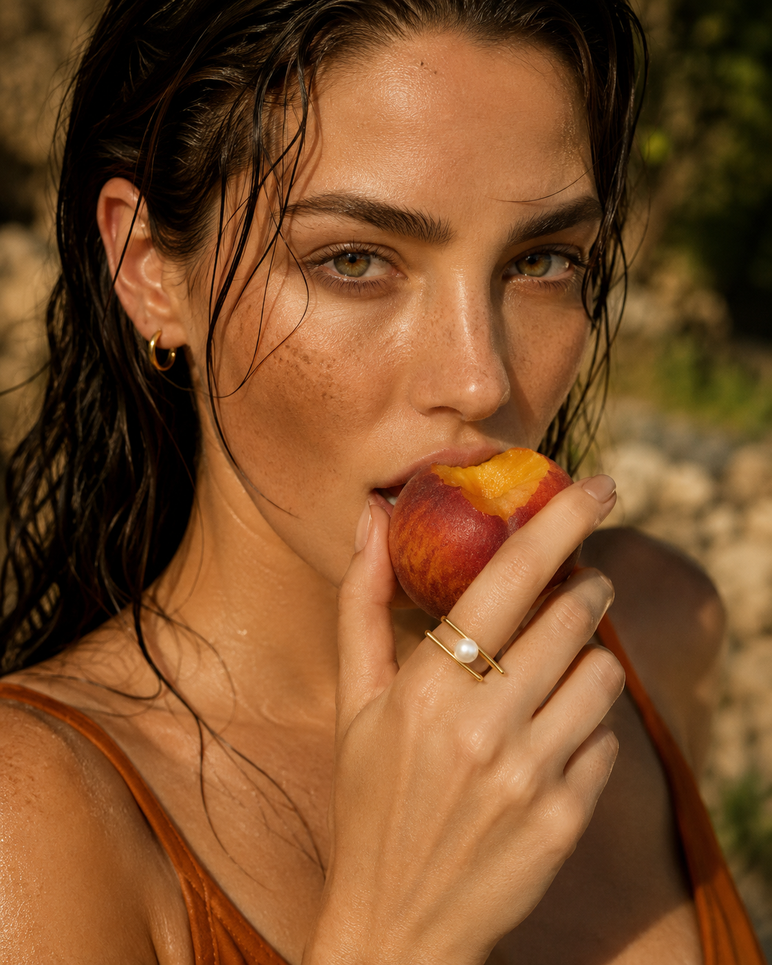 Model bites into a peach wearing the gold Riviera Club RING, its pearl accent visible on her finger.