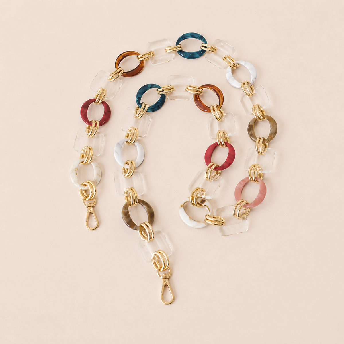 Multicolour acrylic ring-link phone chain in navy, rust, pink and clear with gold connectors — Folie à Trois Rowan long phone chain