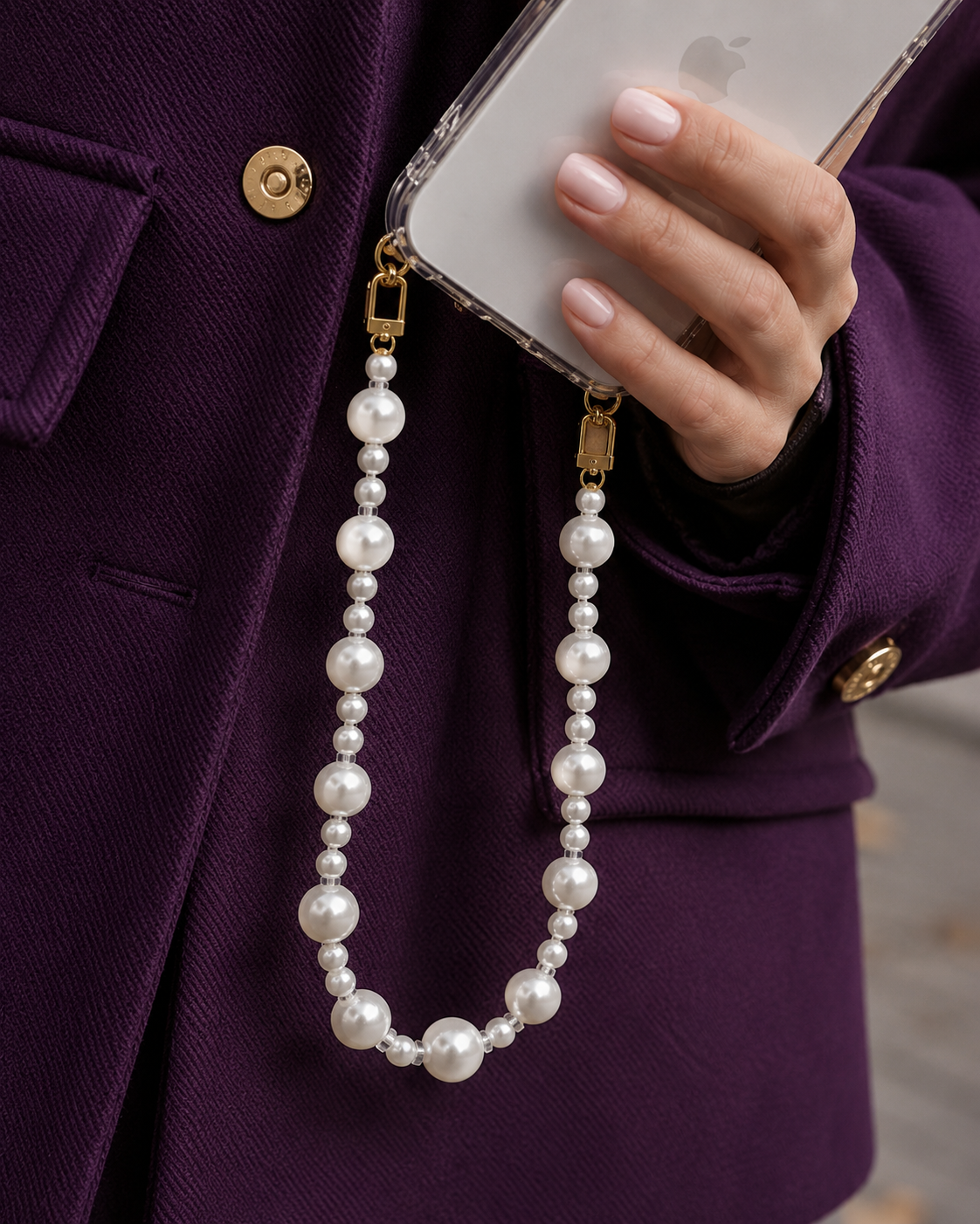 Model in a purple coat holding a phone with the Folie à Trois Sabine Pearl wholesale phone chain draped from a clear phone case.