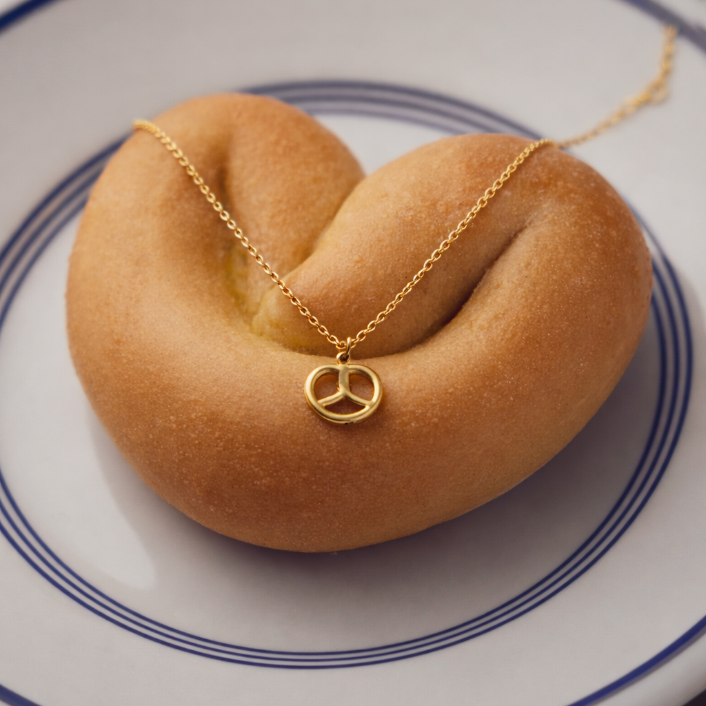 The Salty Sweet NECKLACE with its gold pretzel pendant draped over a pretzel roll on a blue-striped plate.