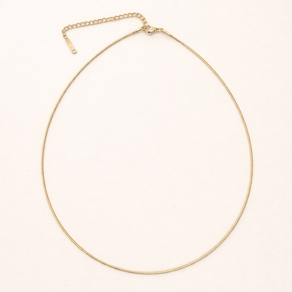 The Small Snake Charm NECKLACE laid flat, its slim gold snake chain shown with a lobster clasp and extender on a plain background.