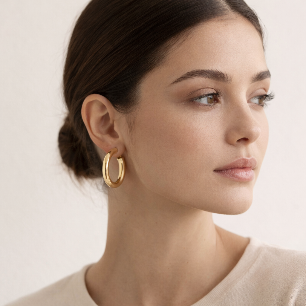 Statement Hoop earring worn on the ear, a thick gold hoop framing the earlobe in soft profile light.