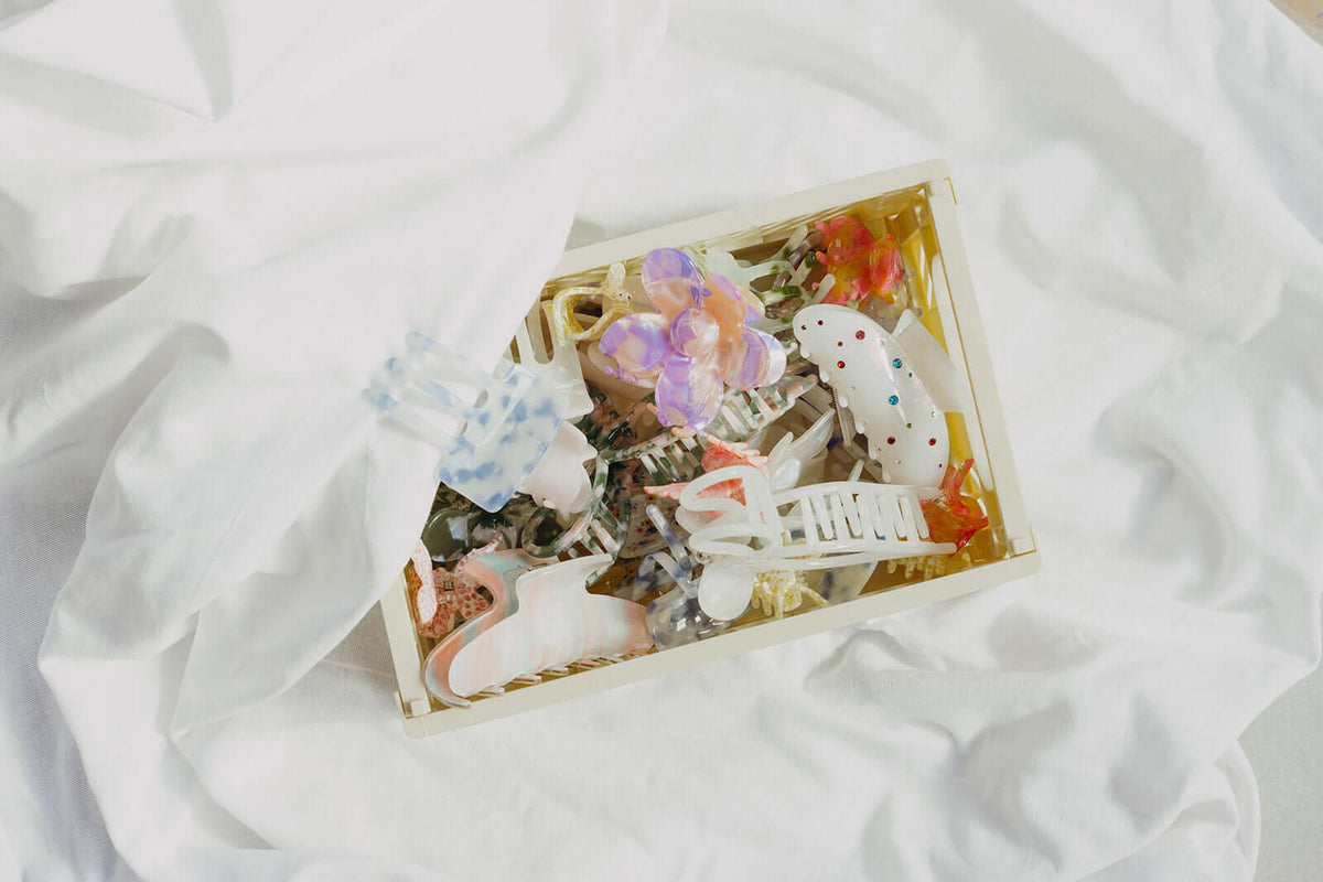 Sundae HAIR CLIP shown packed into a gift box alongside an assortment of other differently shaped hair clips.