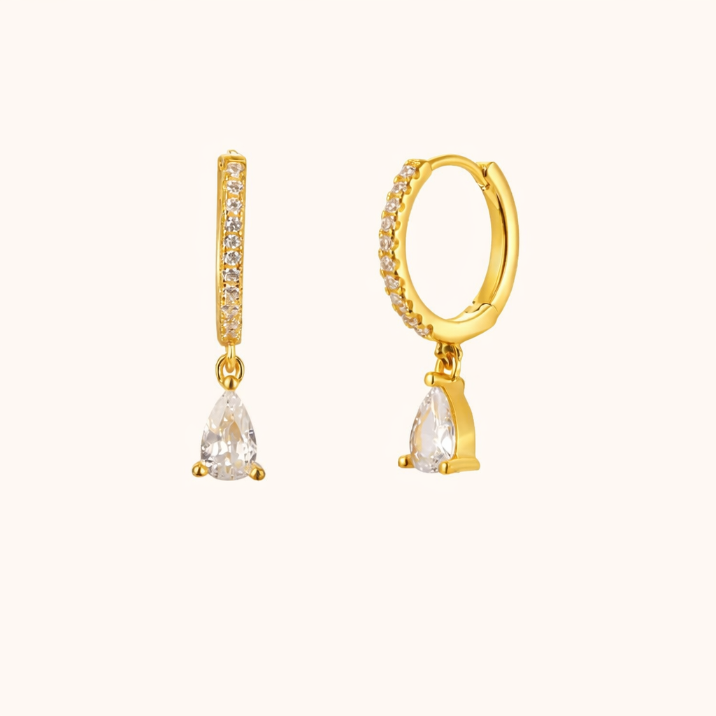 Teardrop Earrings in gold with clear crystals, showing the pave hoop and pear-cut crystal drop design.