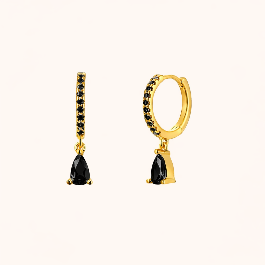 Teardrop Earrings in gold with black crystals, the pave hoop dropping a polished pear-cut black stone.