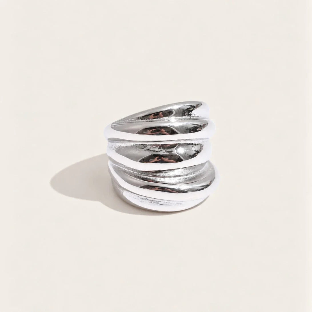 Silver-tone Tressé RING: a wide ring of chunky, rounded bands woven together — Folie à Trois
