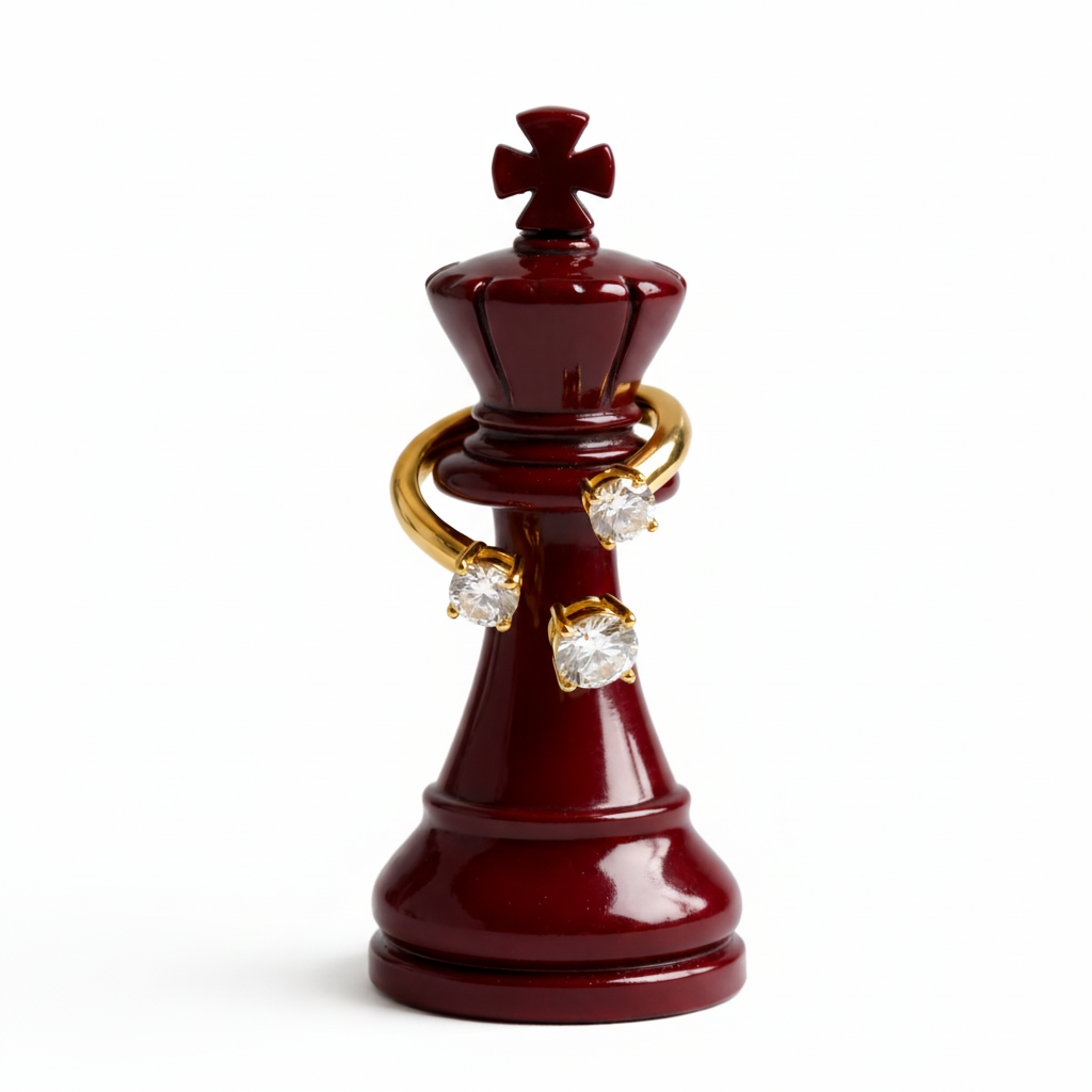 Open gold Trinity RING with three round clear stones displayed wrapped around a dark red king chess piece.