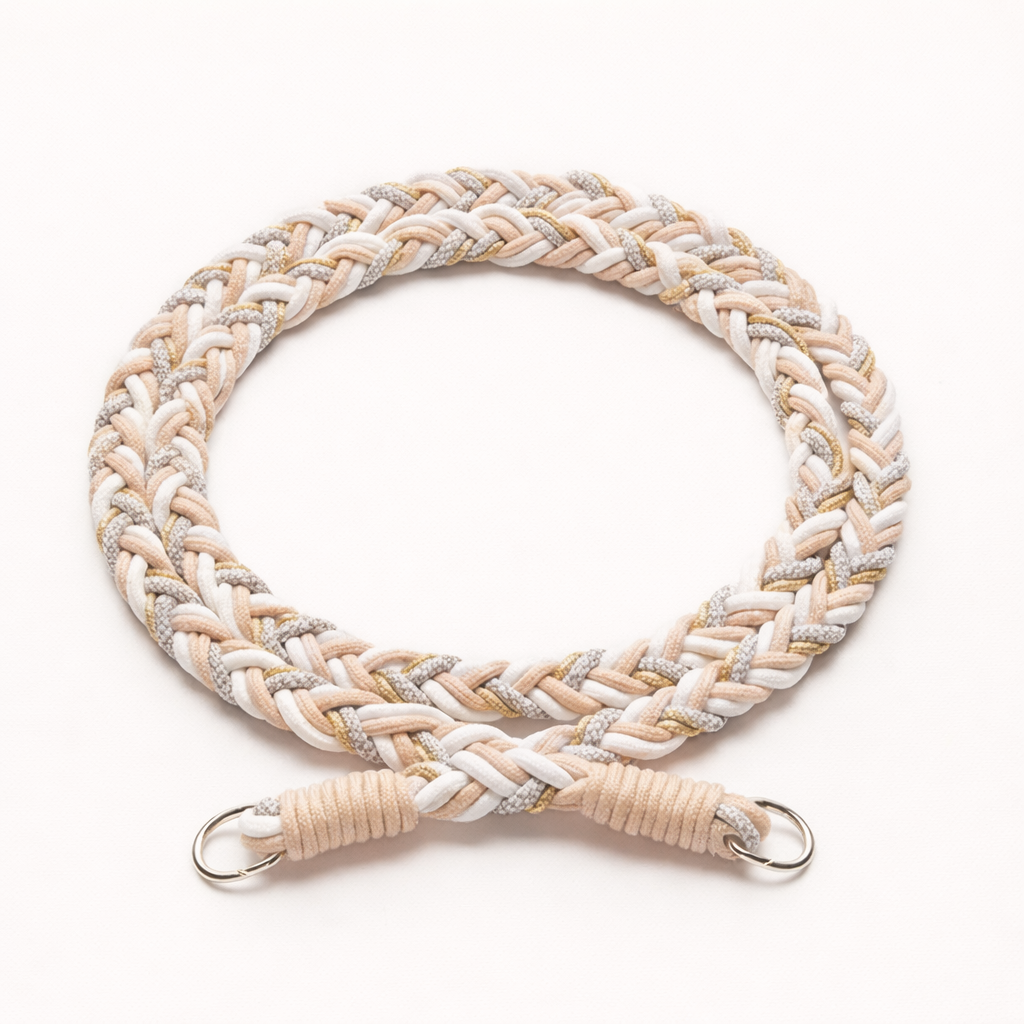 Beige, white, and gray braided Voyage long phone cord with gold thread, coiled flat with silver rings.