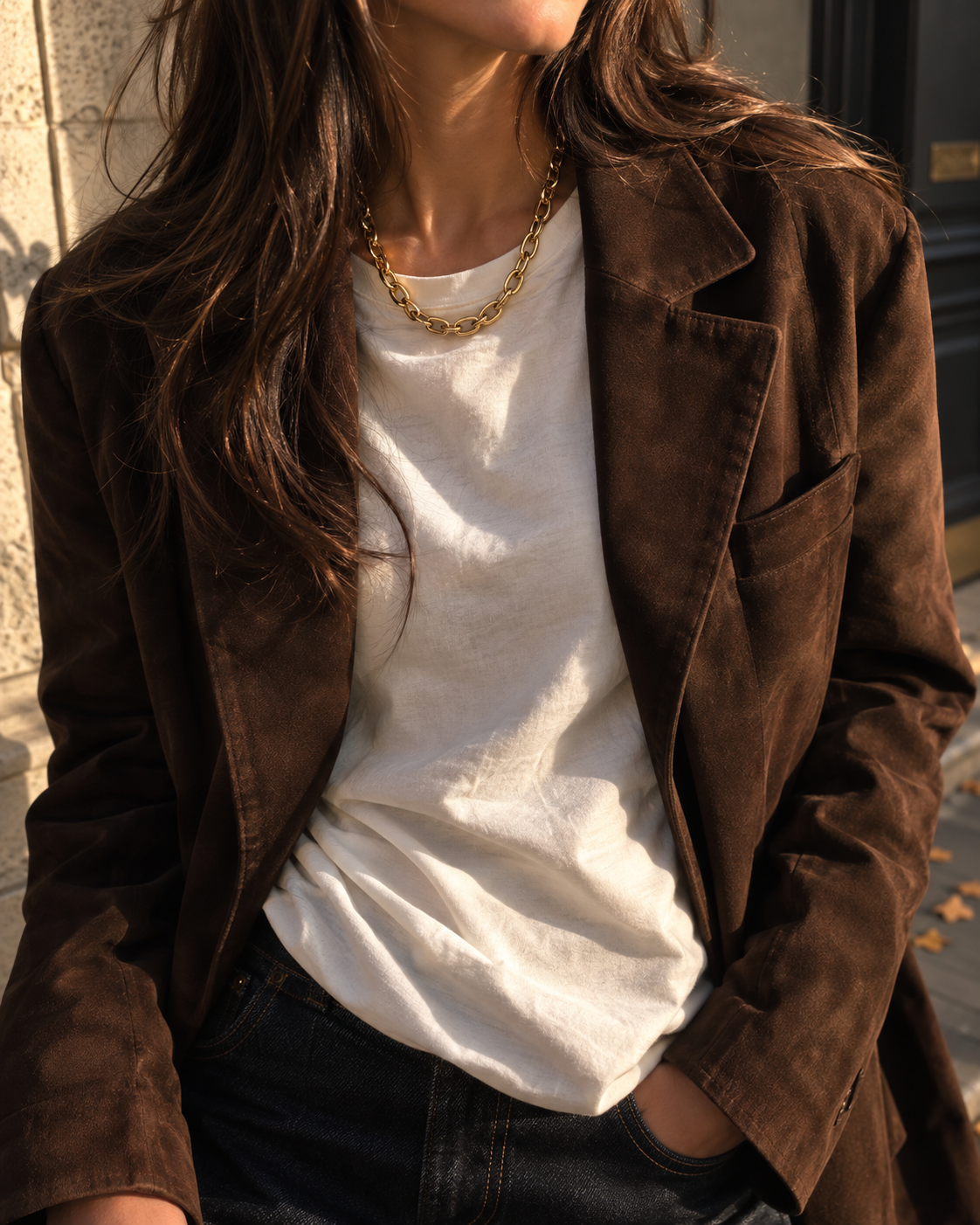 Model wears the gold Folie à Trois Wren NECKLACE oval-link chain layered over a white t-shirt and brown suede blazer.