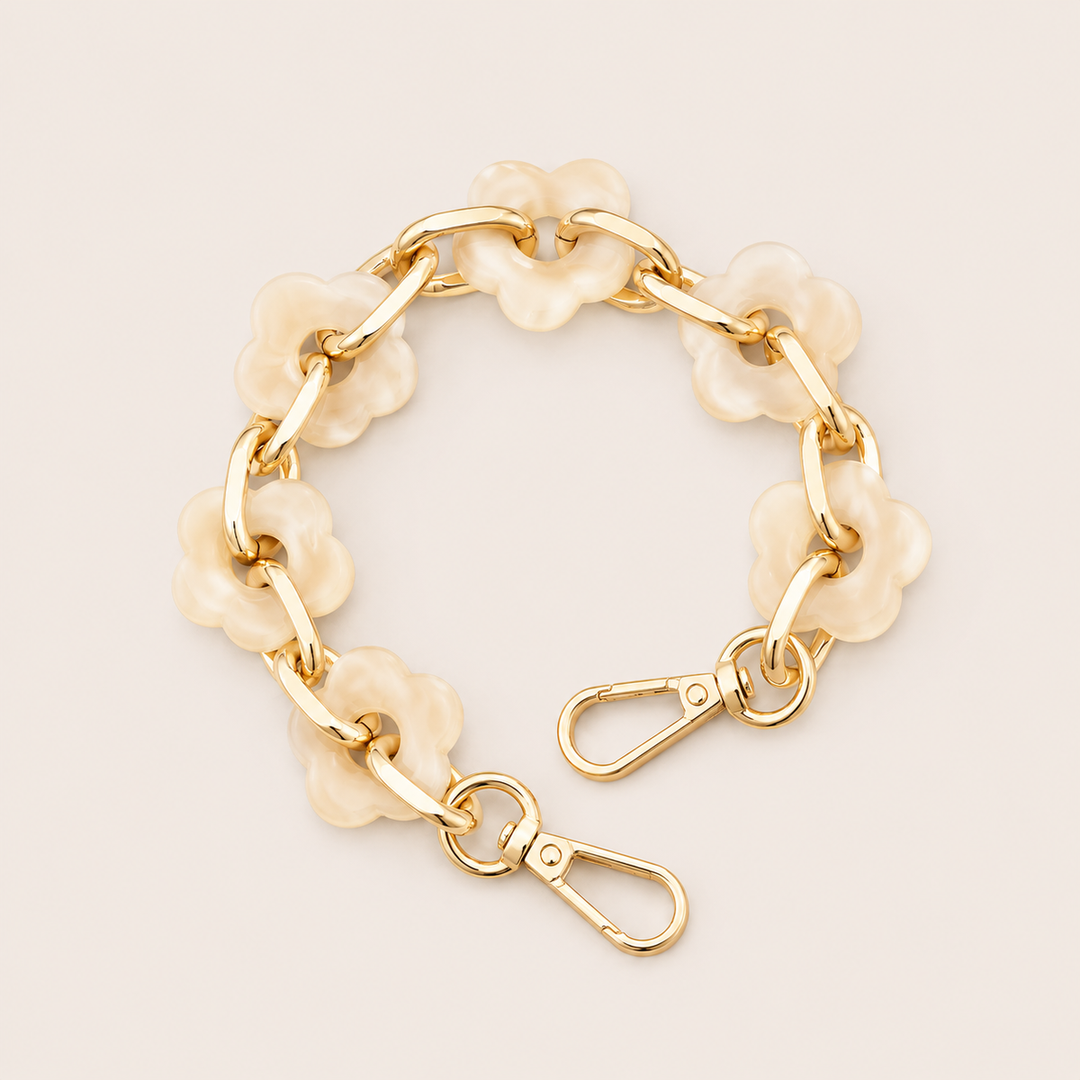Round flower-link phone chain in ivory acrylic with gold chain links — Folie à Trois Zinnia short phone chain