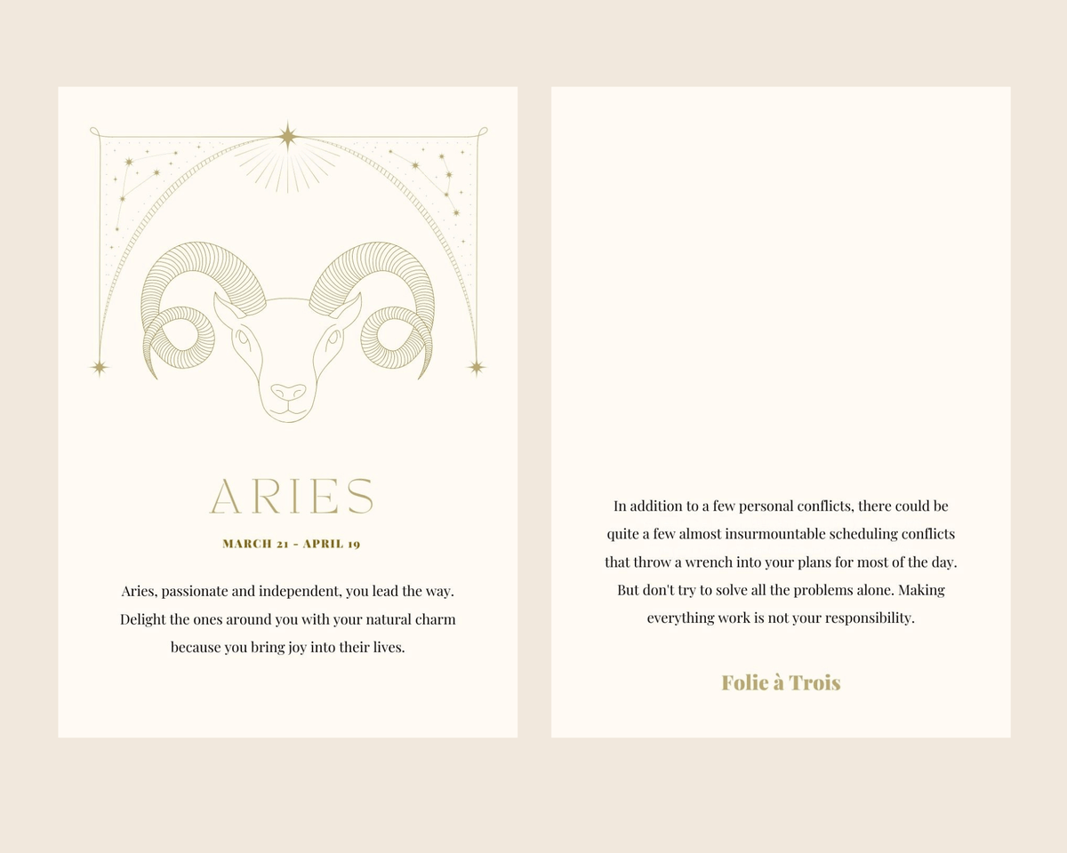 An Aries-themed card for Zodiac Stud Earrings pairs a ram illustration with a short horoscope message.
