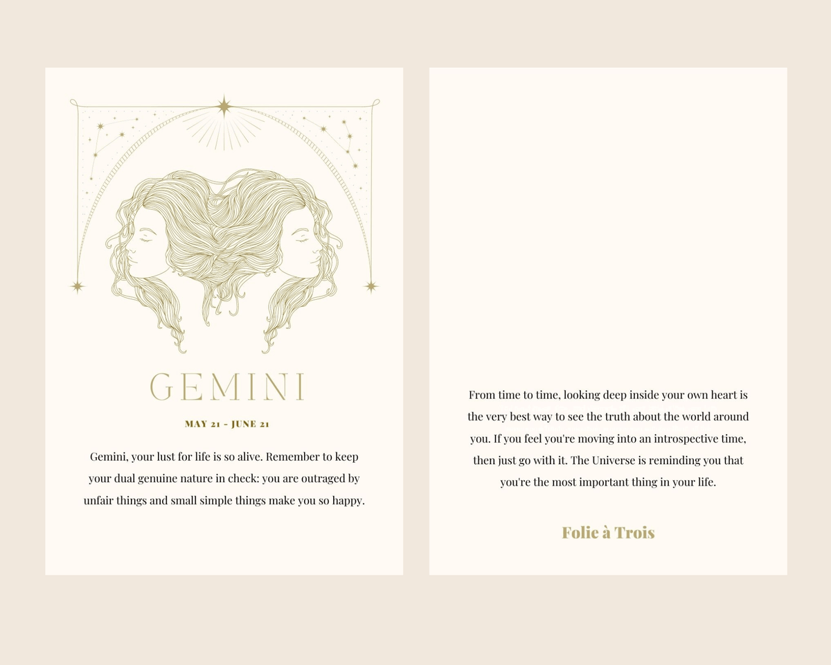 A Gemini-themed card for Zodiac Stud Earrings shows twin figures with a matching horoscope message.