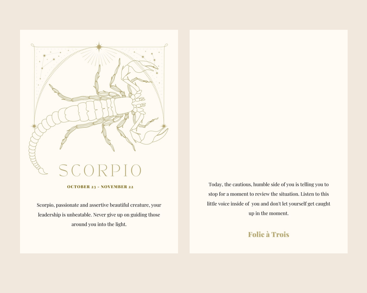 A Scorpio-themed card for Zodiac Stud Earrings features a scorpion illustration with a horoscope message.
