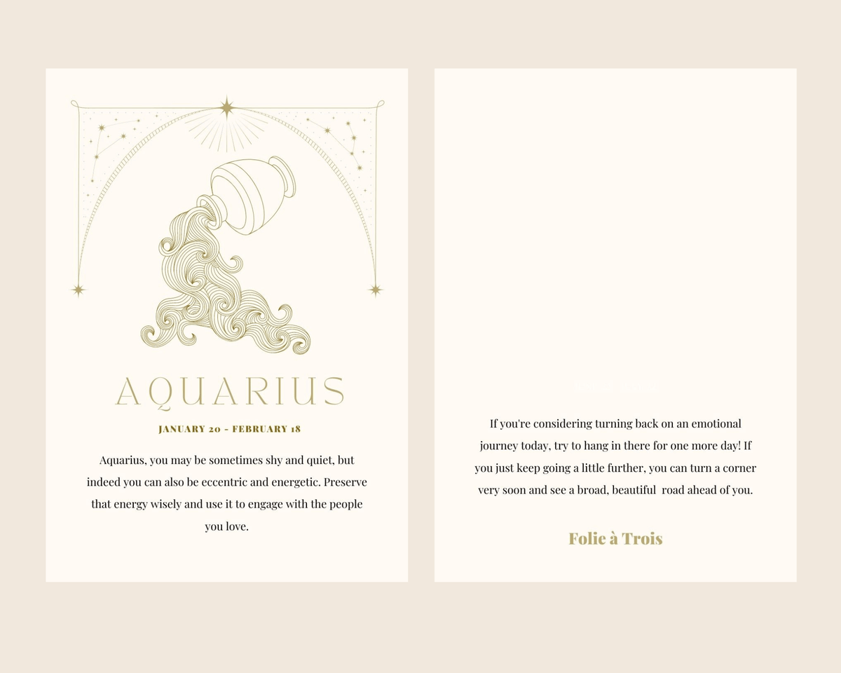 An Aquarius-themed card for Zodiac Stud Earrings shows a water-bearer illustration with a horoscope message.