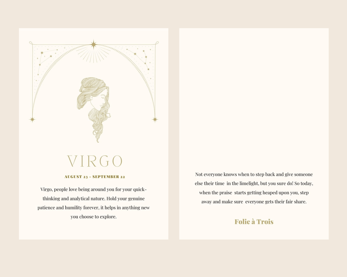 A Virgo-themed card for Zodiac Stud Earrings features a maiden illustration alongside a horoscope message.