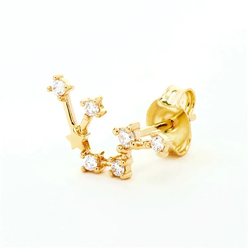 Gold Aquarius Zodiac stud earring with clear crystals tracing the constellation, shown on white, part of the Aquarius Zodiac BUNDLE.
