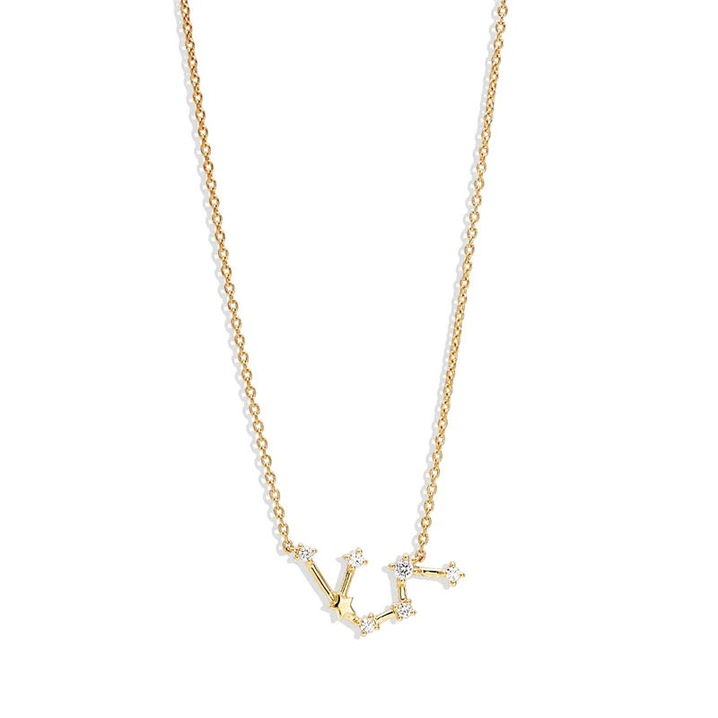 Gold Aquarius Zodiac necklace with a small crystal constellation pendant on a fine chain, shown on white, Aquarius Zodiac BUNDLE.