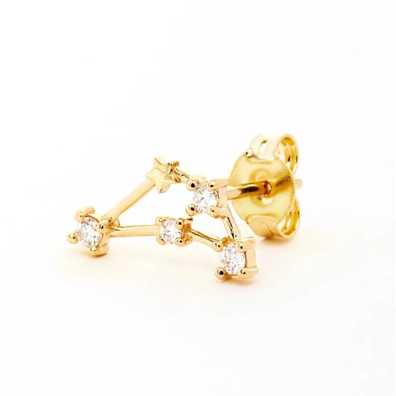 Gold Capricorn Zodiac stud earring with clear crystals tracing the constellation, shown on white, part of the Capricorn Zodiac BUNDLE.