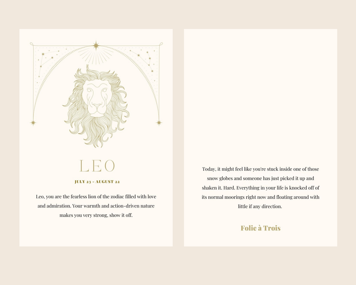 Folie à Trois Leo zodiac card with a gold line illustration, dates and horoscope message, included in the Leo Zodiac BUNDLE.